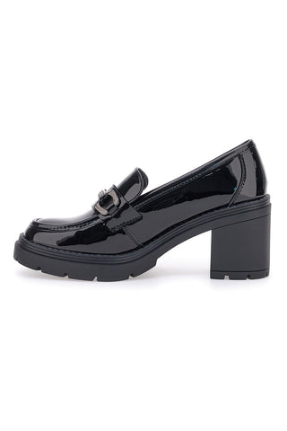 First Lady P633 Schwarze Lack-Loafer mit Absatz und Horsebit