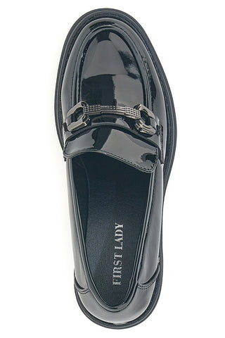 First Lady P633 Schwarze Lack-Loafer mit Absatz und Horsebit