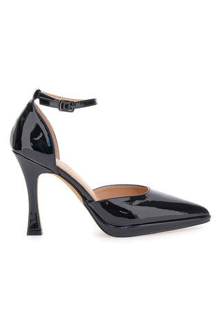 Mon Dieu – Schwarze Lackpumps mit Knöchelriemen