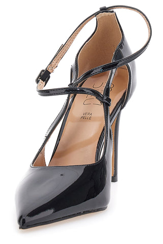 Mon Dieu 1926Q49 Schwarze Pumps mit spitzer Zehenpartie und gekreuzten Riemen