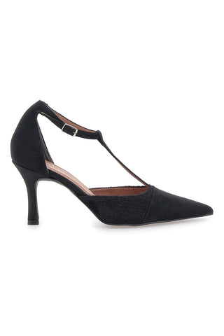 Schwarzes Dekolleté mit Riemen in Wildlederoptik und Ponyfell Pittarello Glam 3870