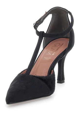 Schwarzes Dekolleté mit Riemen in Wildlederoptik und Ponyfell Pittarello Glam 3870