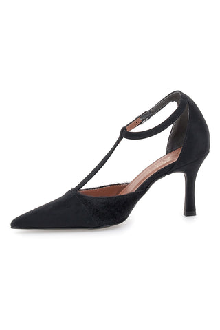 Schwarzes Dekolleté mit Riemen in Wildlederoptik und Ponyfell Pittarello Glam 3870