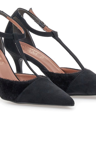 Schwarzes Dekolleté mit Riemen in Wildlederoptik und Ponyfell Pittarello Glam 3870