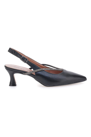 Francesca Gritti 150 Schwarze Pumps mit spitzer Spitze und juwelenbesetztem Riemen