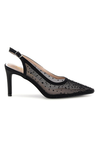 Schwarze Tüll Slingback Pumps mit Strasssteinen First Lady P656