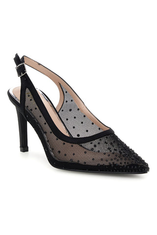 Schwarze Tüll Slingback Pumps mit Strasssteinen First Lady P656