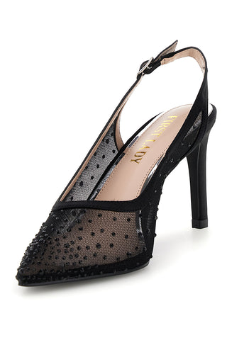 Schwarze Tüll Slingback Pumps mit Strasssteinen First Lady P656