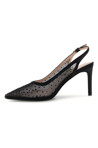 Schwarze Tüll Slingback Pumps mit Strasssteinen First Lady P656