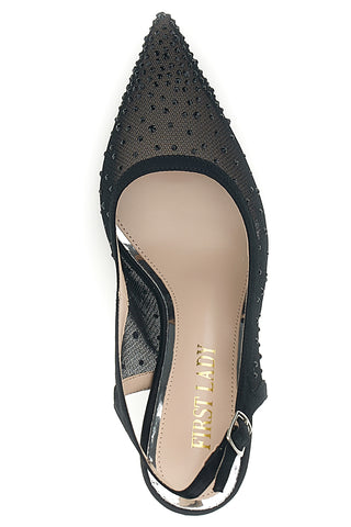 Schwarze Tüll Slingback Pumps mit Strasssteinen First Lady P656