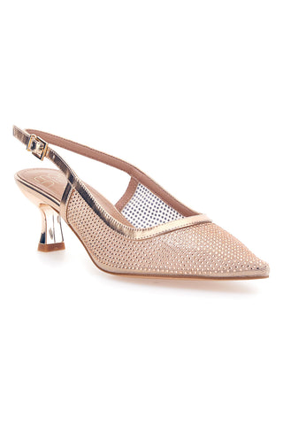 Rosa-goldene Slingback-Pumps mit Strasssteinen und niedrigem Absatz Mon Dieu 632