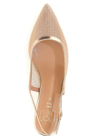 Rosa-goldene Slingback-Pumps mit Strasssteinen und niedrigem Absatz Mon Dieu 632