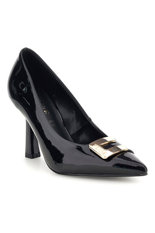 Schwarze Pumps in Lackoptik mit Logo-Plakette und hohem Absatz von Ferre' F1290C1428