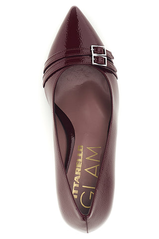 Glänzende Pumps in Bordeauxrot mit Absatz und Schnalle – Pittarello Glam 7407