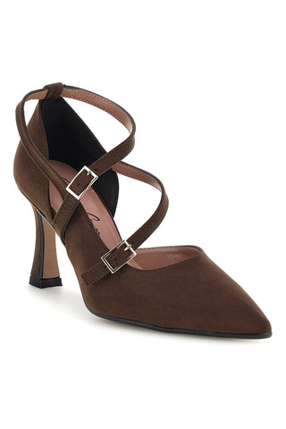 Dunkelbraune Pumps mit gekreuzten Riemchen und Absatz von Francesca Gritti, Modell P8053
