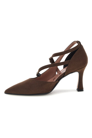 Dunkelbraune Pumps mit gekreuzten Riemchen und Absatz von Francesca Gritti, Modell P8053