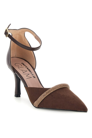 Braune Pumps mit Strasssteinen und Riemchen – Pittarello Glam 32810