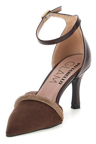 Braune Pumps mit Strasssteinen und Riemchen – Pittarello Glam 32810