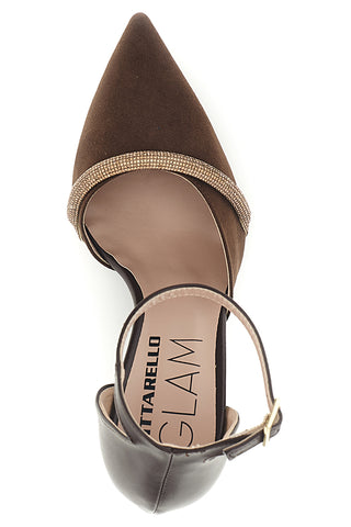 Braune Pumps mit Strasssteinen und Riemchen – Pittarello Glam 32810