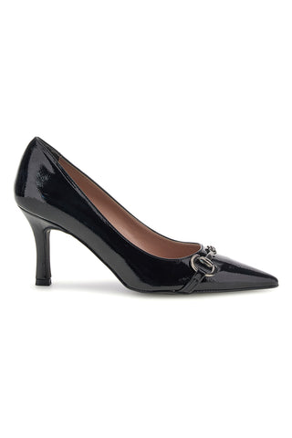 Schwarze, glänzende Pumps mit spitzer Zehenpartie und Kettenverzierung – Pittarello Glam 3866MS