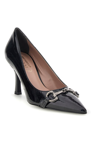 Schwarze, glänzende Pumps mit spitzer Zehenpartie und Kettenverzierung – Pittarello Glam 3866MS