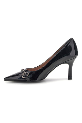 Schwarze, glänzende Pumps mit spitzer Zehenpartie und Kettenverzierung – Pittarello Glam 3866MS