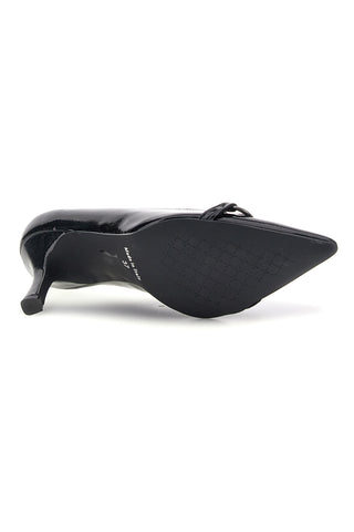 Schwarze, glänzende Pumps mit spitzer Zehenpartie und Kettenverzierung – Pittarello Glam 3866MS