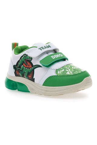 Weiße und grüne Turnschuhe mit Dinosaurierlichtern 7240