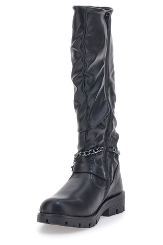 Schwarze Stiefel mit gekräuseltem Obermaterial und Kette mit Anhängern Danke 1747