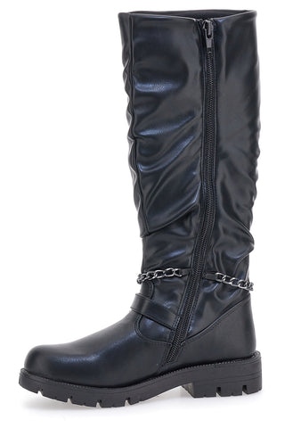 Schwarze Stiefel mit gekräuseltem Obermaterial und Kette mit Anhängern Danke 1747