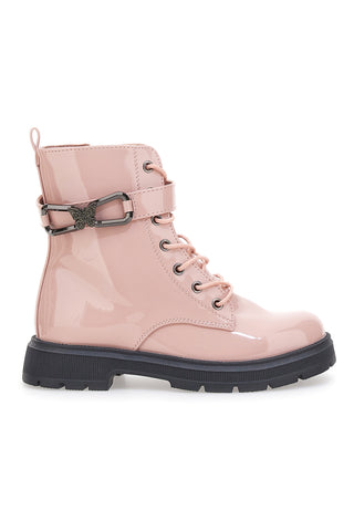 Rosa Kampfstiefel in Lackoptik mit dekorativer Schnalle DANKE 39P248W