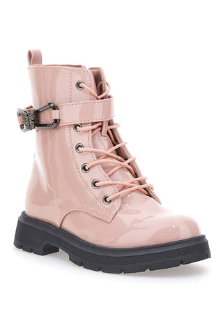 Rosa Kampfstiefel in Lackoptik mit dekorativer Schnalle DANKE 39P248W