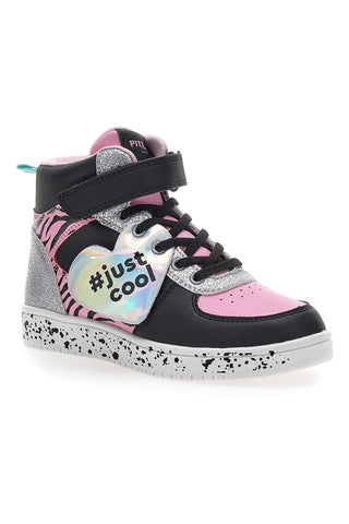 PITT KIDS K22186 Schwarze, rosa und silberne High-Top-Sneaker mit seitlichem Reißverschluss