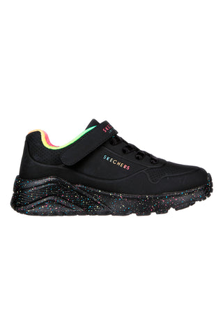 Skechers Uno Lite Rainbow Specks – Schwarze Schuhe mit Regenbogendetails und mehrfarbiger Sohle