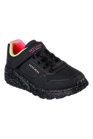 Skechers Uno Lite Rainbow Specks – Schwarze Schuhe mit Regenbogendetails und mehrfarbiger Sohle