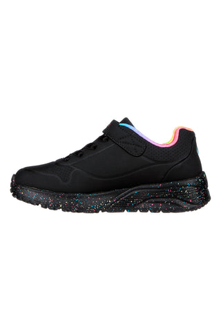 Skechers Uno Lite Rainbow Specks – Schwarze Schuhe mit Regenbogendetails und mehrfarbiger Sohle