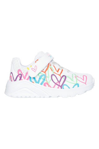 Skechers – Uno Lite Love Levitate – Weiße Sneakers mit bunten Herzen