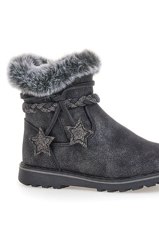 Schwarze Stiefeletten mit Glitzersternen und Pelzbesatz. Danke 1528