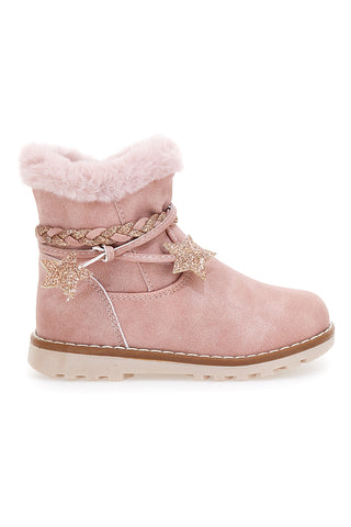 Rosa Fellstiefeletten mit Glitzersternen. Danke 1528.