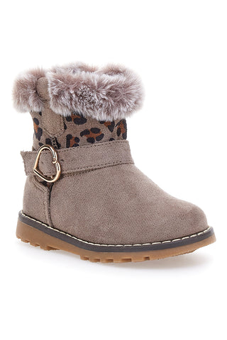Taupefarbene Stiefeletten mit Fell und Animalprint. Danke 1526.