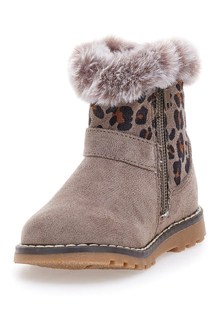 Taupefarbene Stiefeletten mit Fell und Animalprint. Danke 1526.