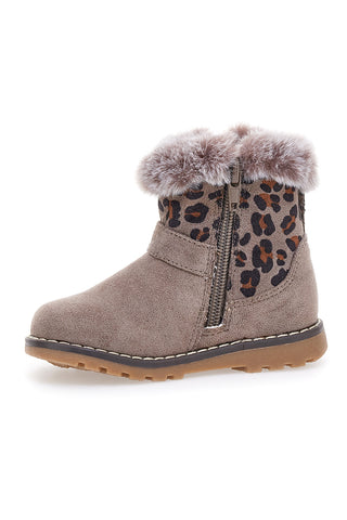 Taupefarbene Stiefeletten mit Fell und Animalprint. Danke 1526.