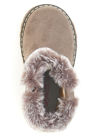 Taupefarbene Stiefeletten mit Fell und Animalprint. Danke 1526.