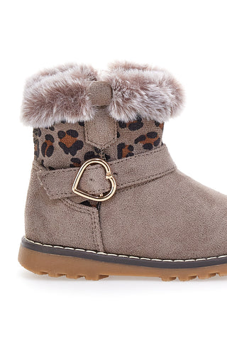 Taupefarbene Stiefeletten mit Fell und Animalprint. Danke 1526.