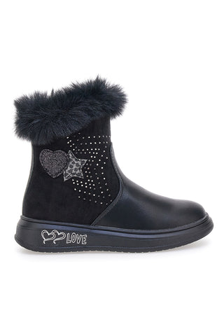 Grazia 1624 Schwarze Stiefeletten mit Kunstfell und Glitzerdetail