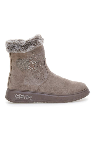 Taubengraue Stiefeletten mit Glitzersternen und Fellbesatz. Danke 1625.