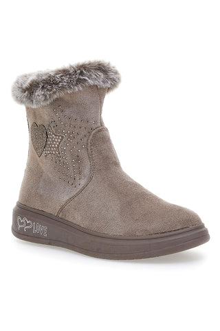 Taubengraue Stiefeletten mit Glitzersternen und Fellbesatz. Danke 1625.