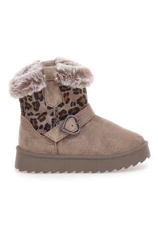 Taupefarbene Stiefeletten mit Leopardenmuster und warmem Fellfutter. Danke 1642