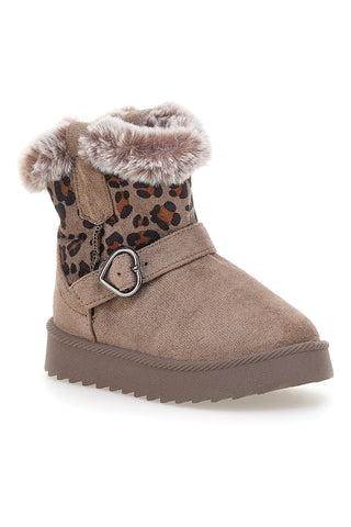 Taupefarbene Stiefeletten mit Leopardenmuster und warmem Fellfutter. Danke 1642