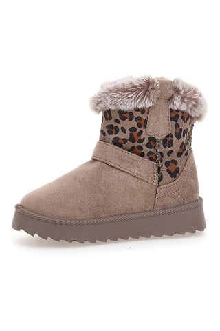 Taupefarbene Stiefeletten mit Leopardenmuster und warmem Fellfutter. Danke 1642